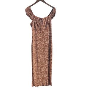 NWT Stitch Pine Floral Midi Dress Medium Brown Milkmaid Peasant Stretch Prairie